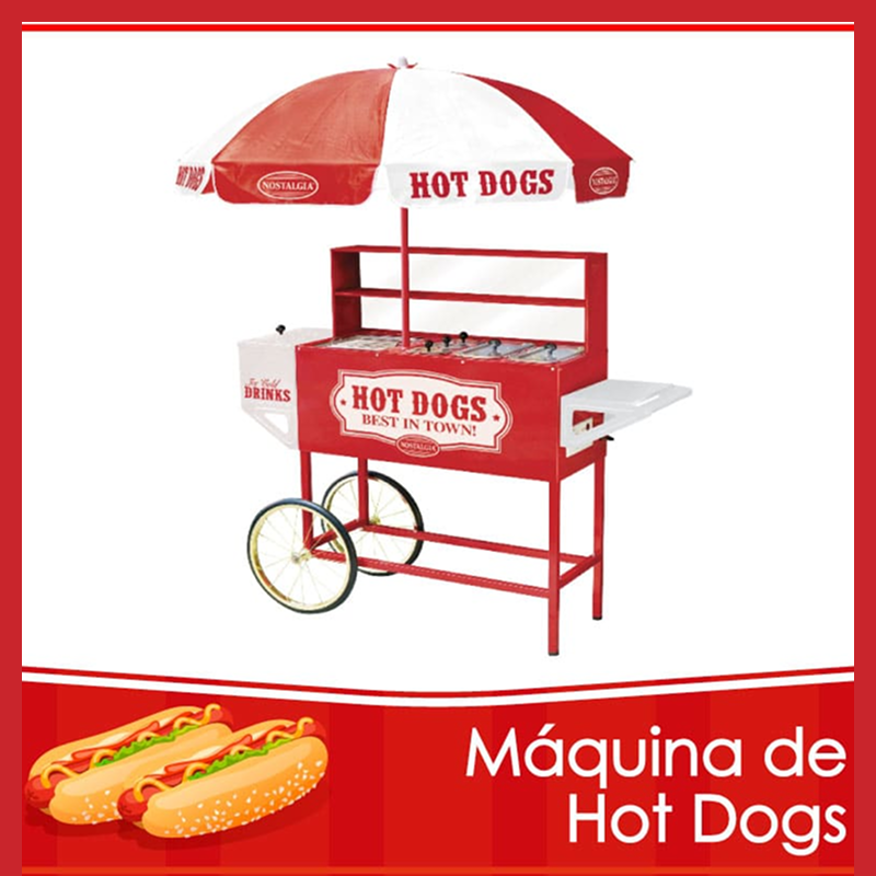 Carrito rojo de hot dogs con sombrilla y área de parrilla.