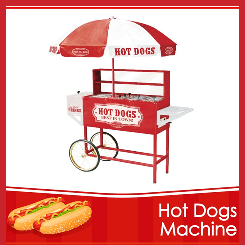 Red hot dog cart with umbrella and grilling area.