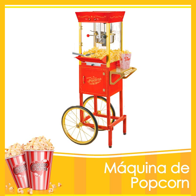 Carrito rojo de palomitas con palomitas frescas y vasos a rayas.