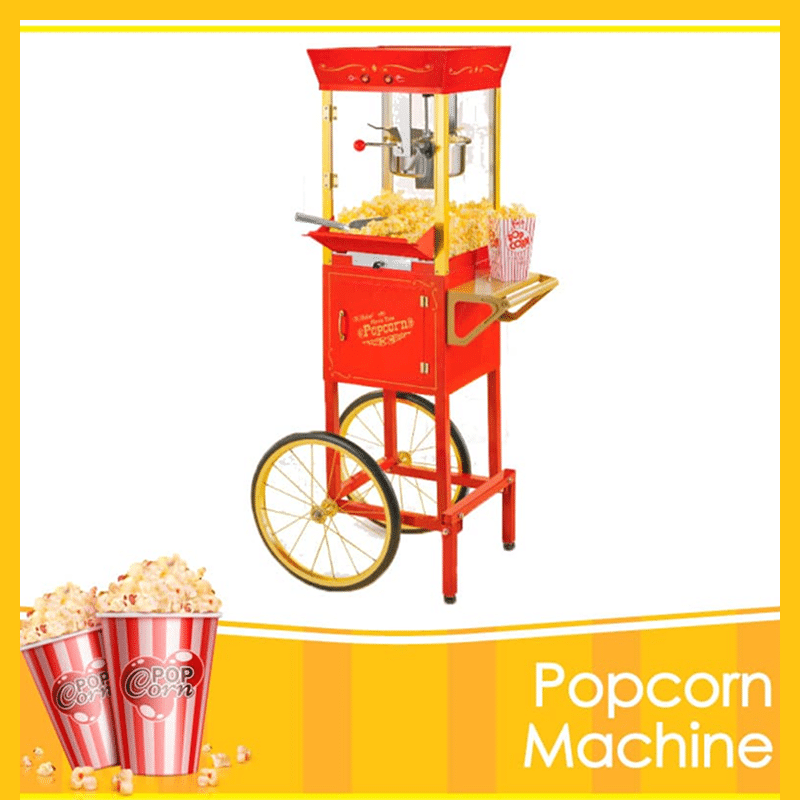 Red popcorn cart with fresh popcorn and striped cups.