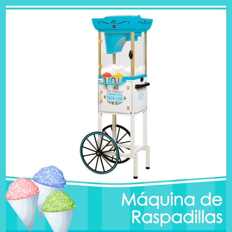 Máquina azul y blanca de raspados con conos de hielo de colores.