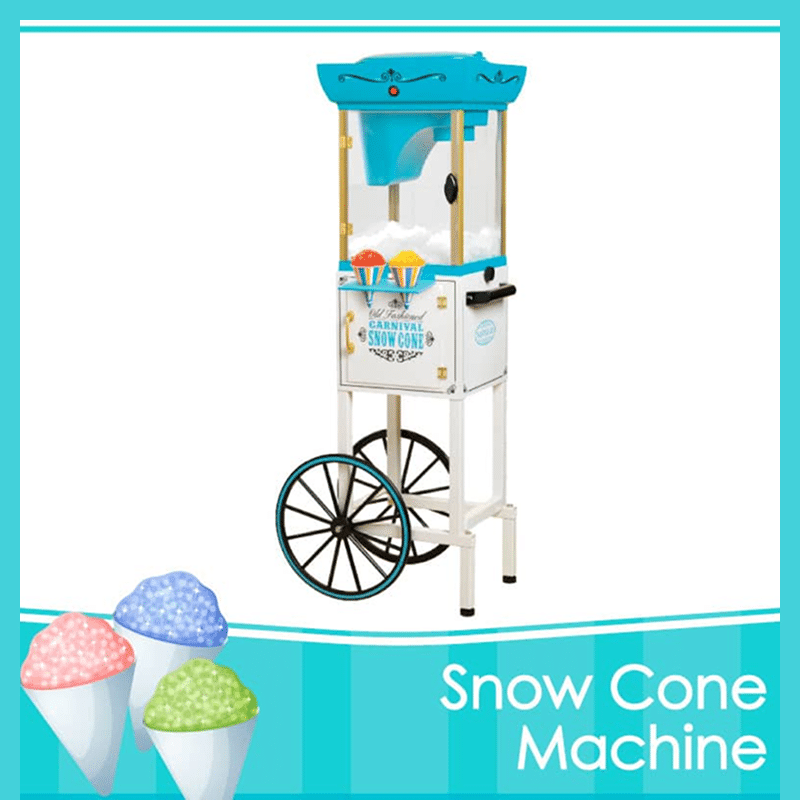 Blue and white snow cone machine with colorful ice cones.