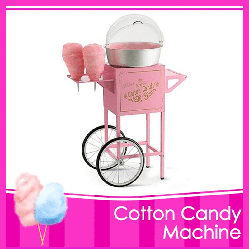 Pink cotton candy machine with two cotton candy sticks.
